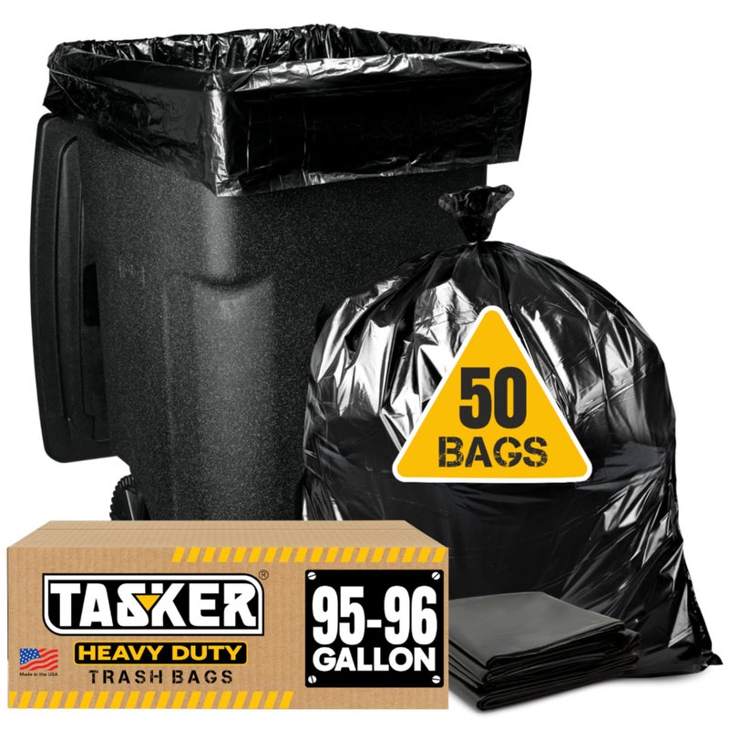 Tasker 95-96 Gallon Trash Bags Heavy Duty (Mega-Value 50/Bags w/Ties) 95-100 Gallon Trash Bagsâ”‚Black Heavy Duty Trash Bag â”‚Extra Large Garbage Bags - Image 1